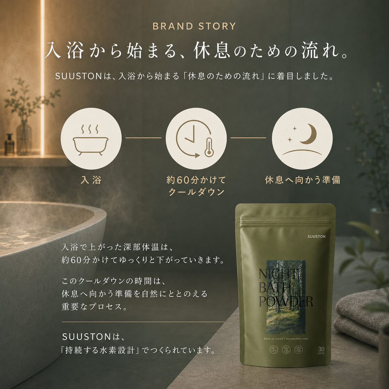 SUUSTON NIGHT BATH POWDER ナイトバスパウダー 入浴剤 水素配合 無香料 無着色 日本製 750g(約30回分)