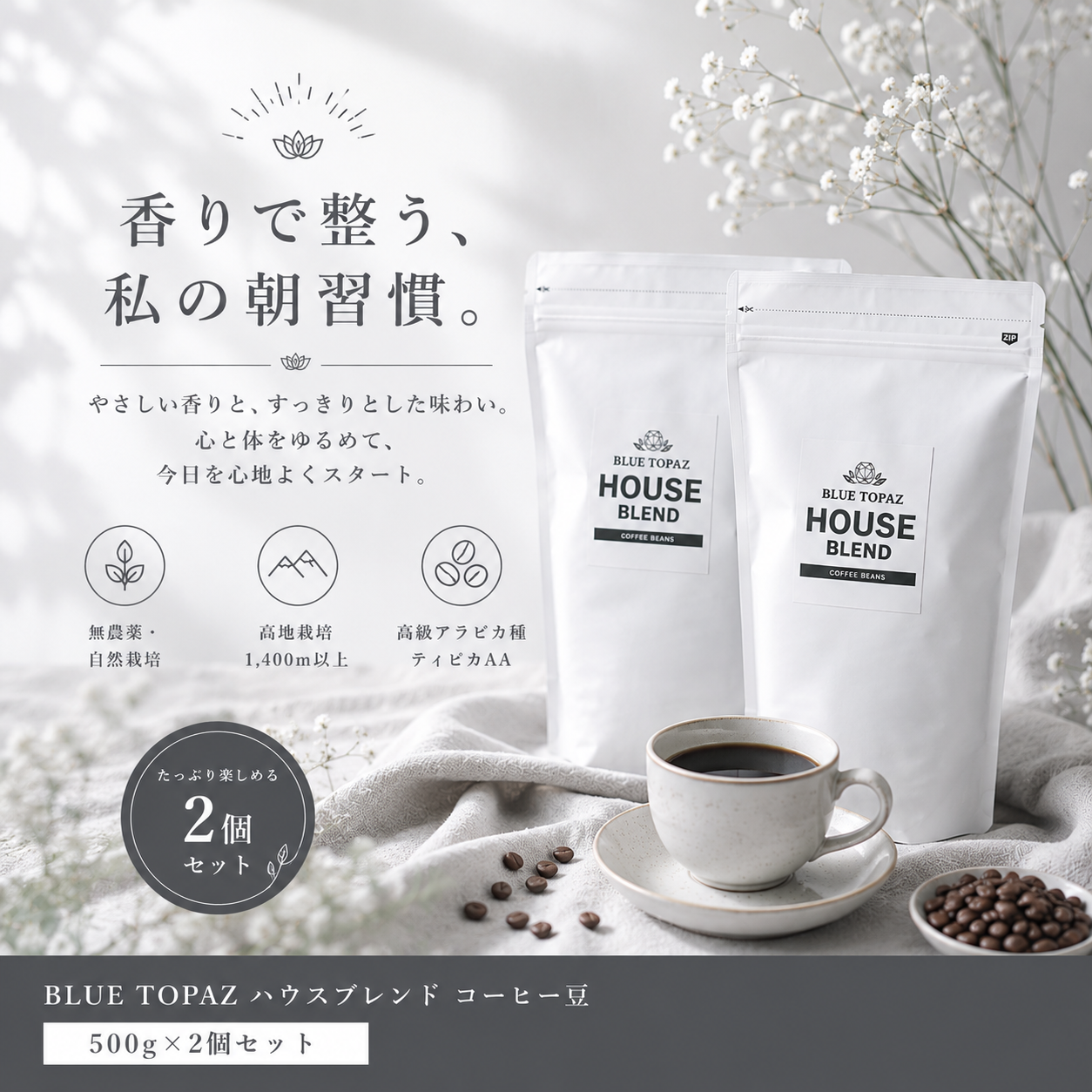 【毎朝が楽しみになる。】2個セット｜ブルートパーズ ハウスブレンド コーヒー豆 1kg｜無農薬 自然栽培｜高級アラビカ種 ティピカAA