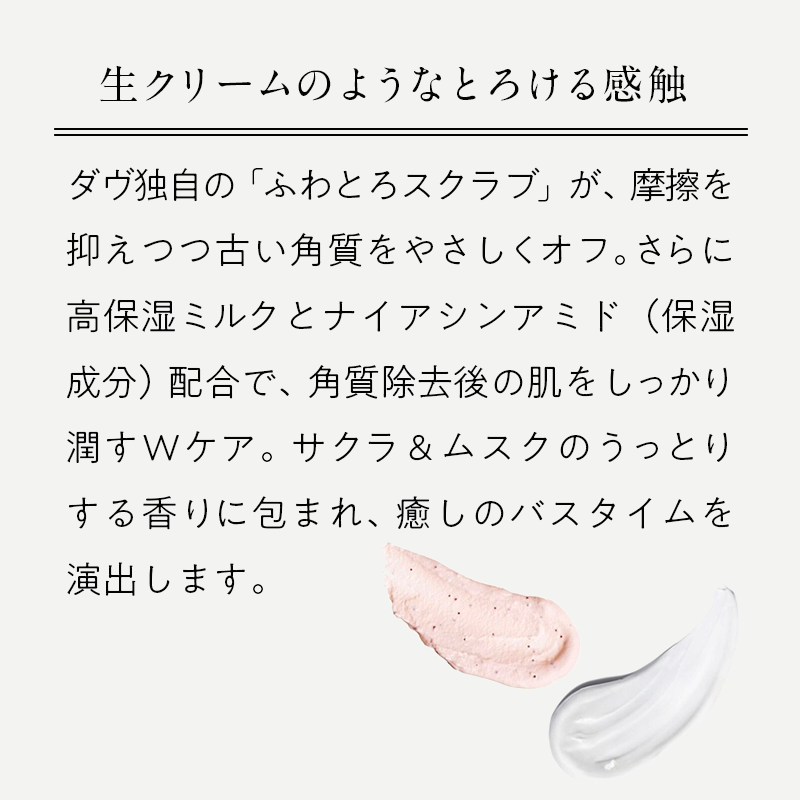 Dove クリーミー ボディスクラブ サクラ ／ くすみケアと角質ケアで、透明感あふれる肌へ