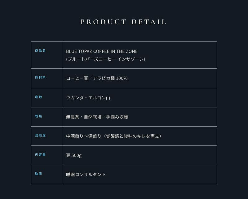 【BLUE TOPAZ COFFEE IN THE ZONE】 BLUE TOPAZ COFFEE IN THE ZONE ブルートパーズ インザゾーン コーヒー豆 500g｜無農薬 自然栽培｜高級アラビカ種 ティピカAA