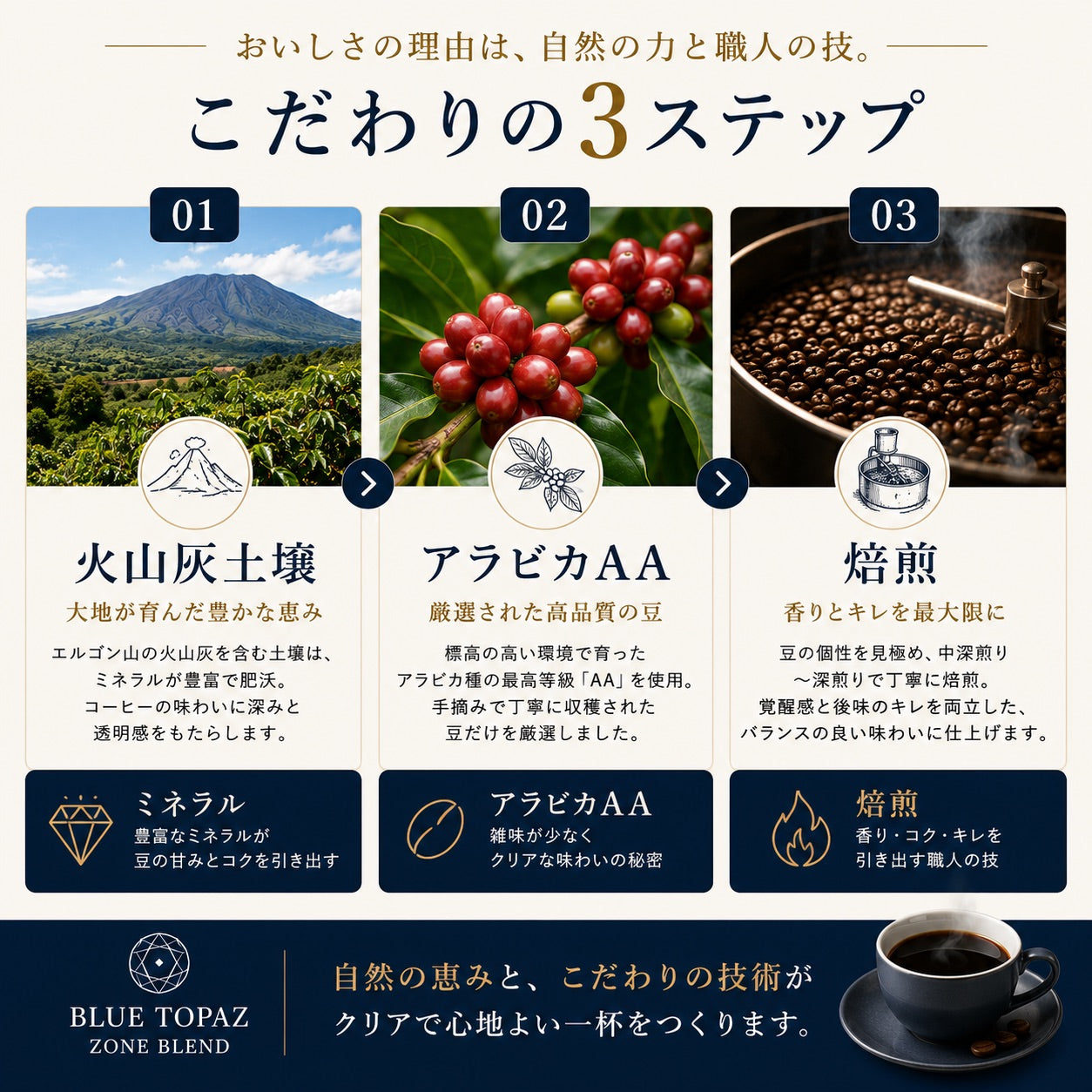 【毎朝が楽しみになる】ブルートパーズ ハウスブレンド コーヒー豆500g｜無農薬 自然栽培｜高級アラビカ種 ティピカAA